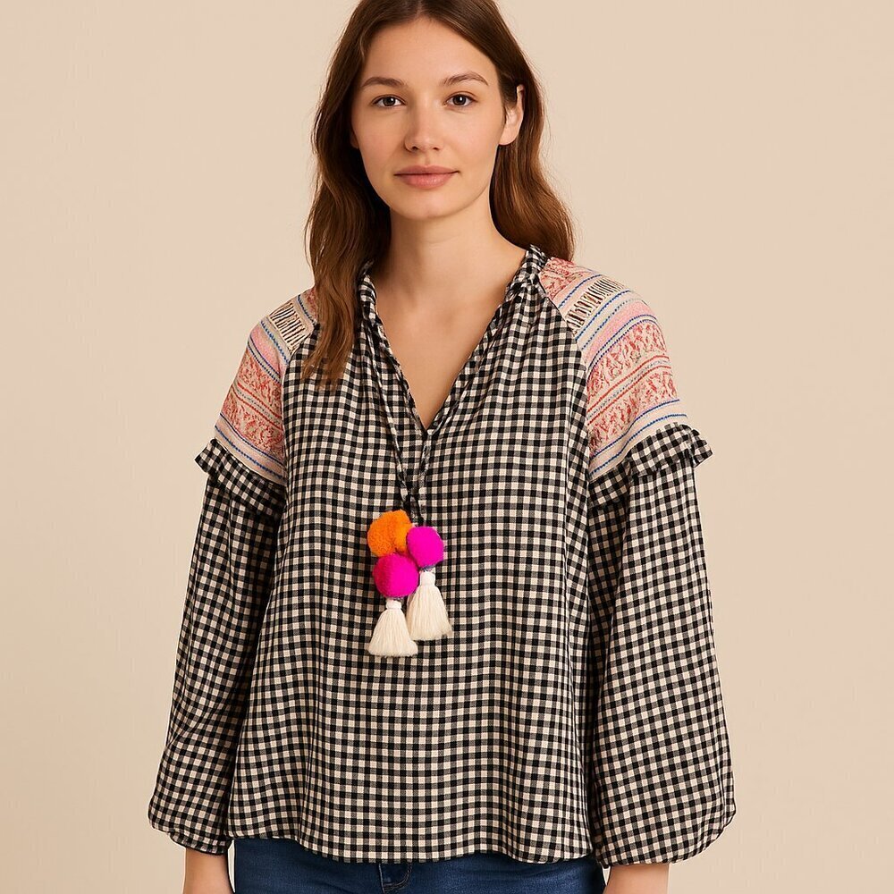 Hemant & Nandita Checkered Embroidered Shoulder Tassel Tie Boho Top Medium